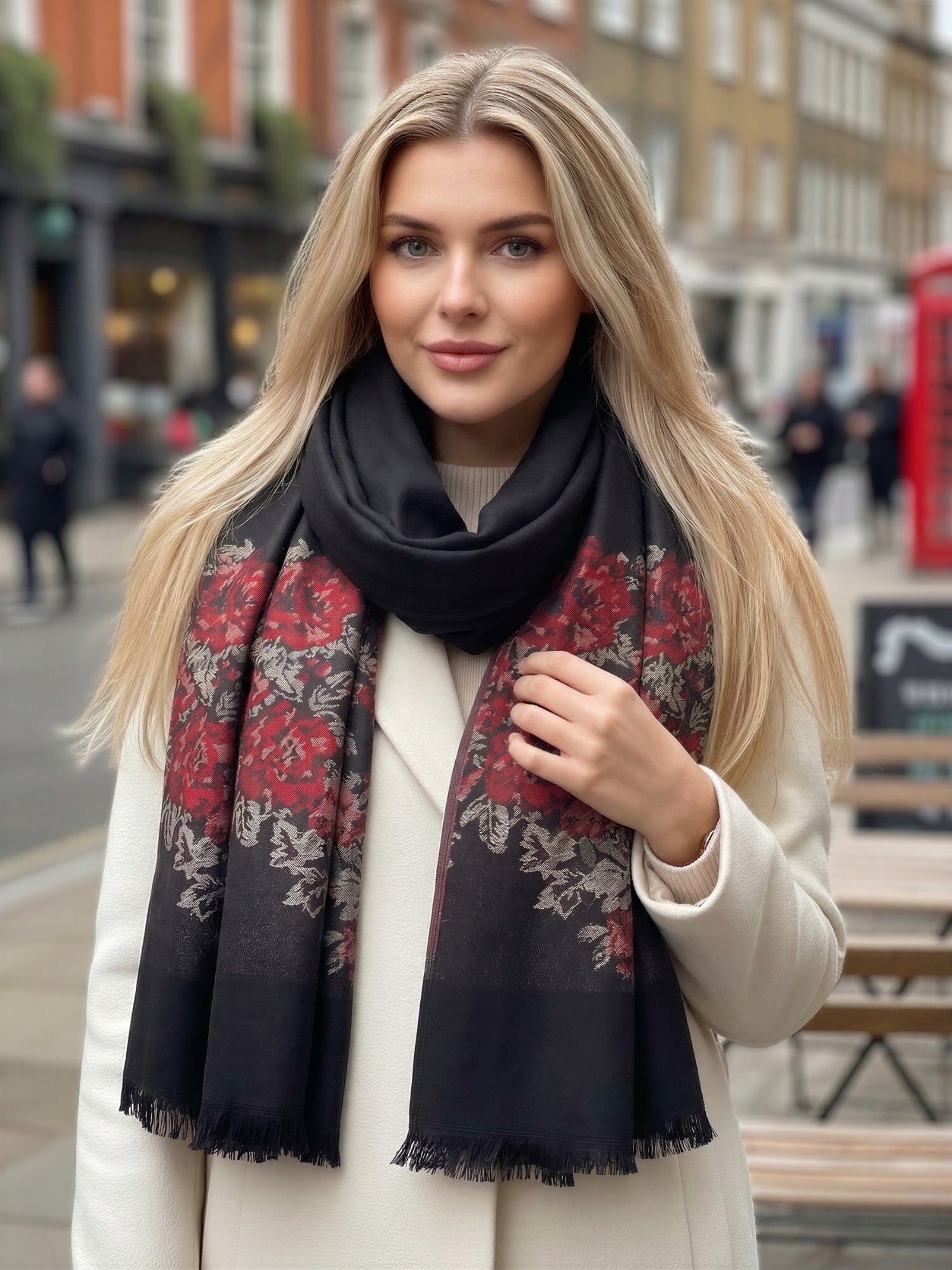 LARGE BLACK FLORAL PRINT SILKY FEEL PASHMINA SHAWL SCARF - A-SHU.CO.UK