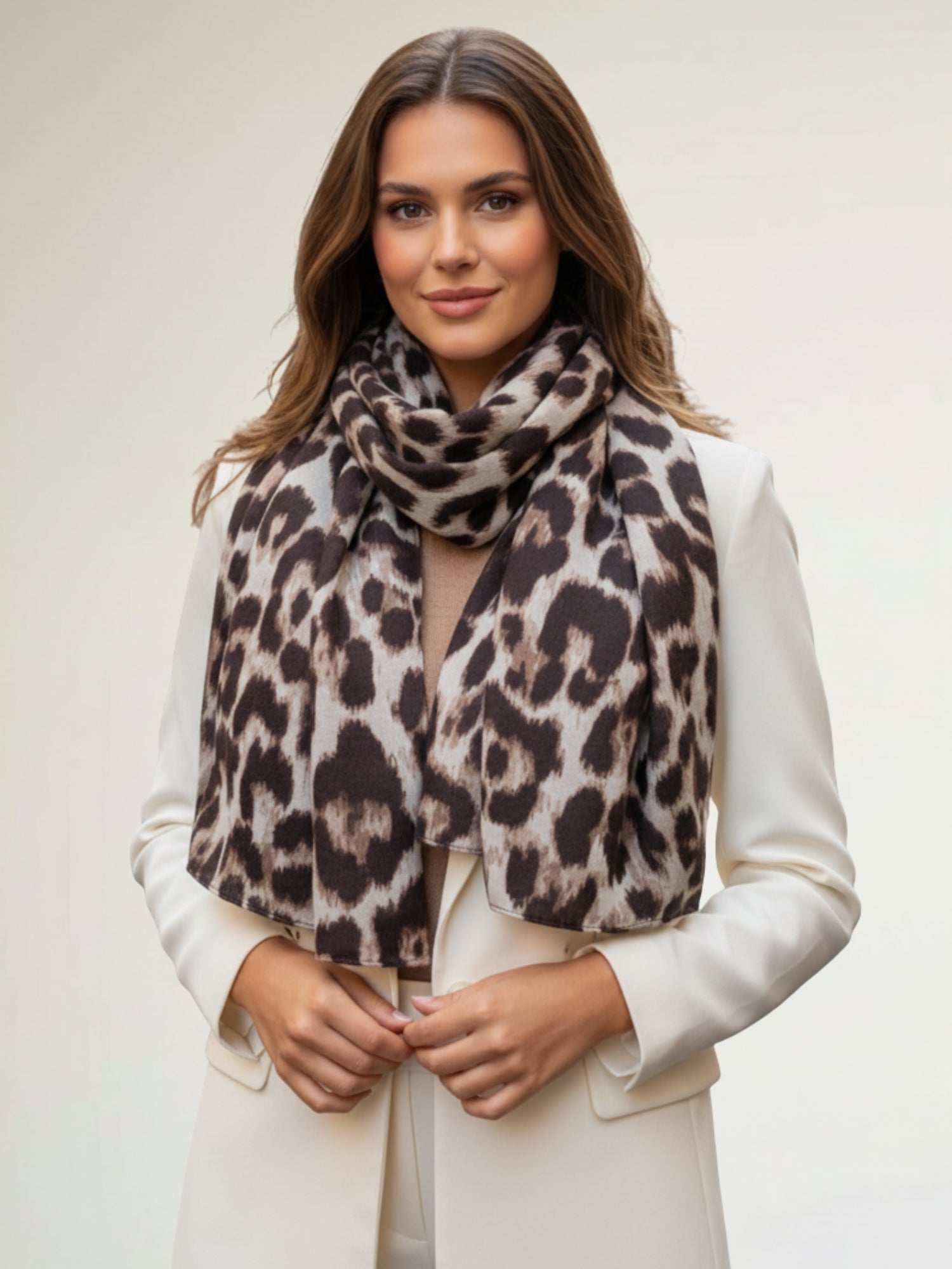 TAUPE COTTON BLEND CLASSIC LEOPARD PRINT SCARF
