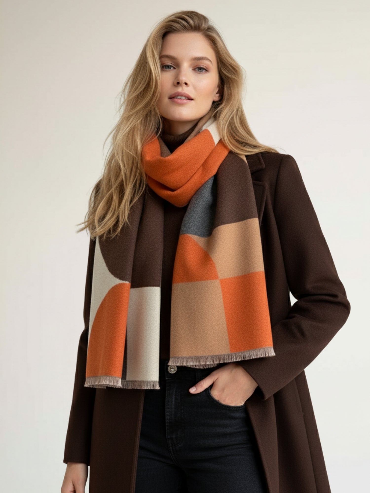 LARGE ORANGE CASHMERE RETRO PRINT REVERSIBLE WINTER SHAWL BLANKET SCARF