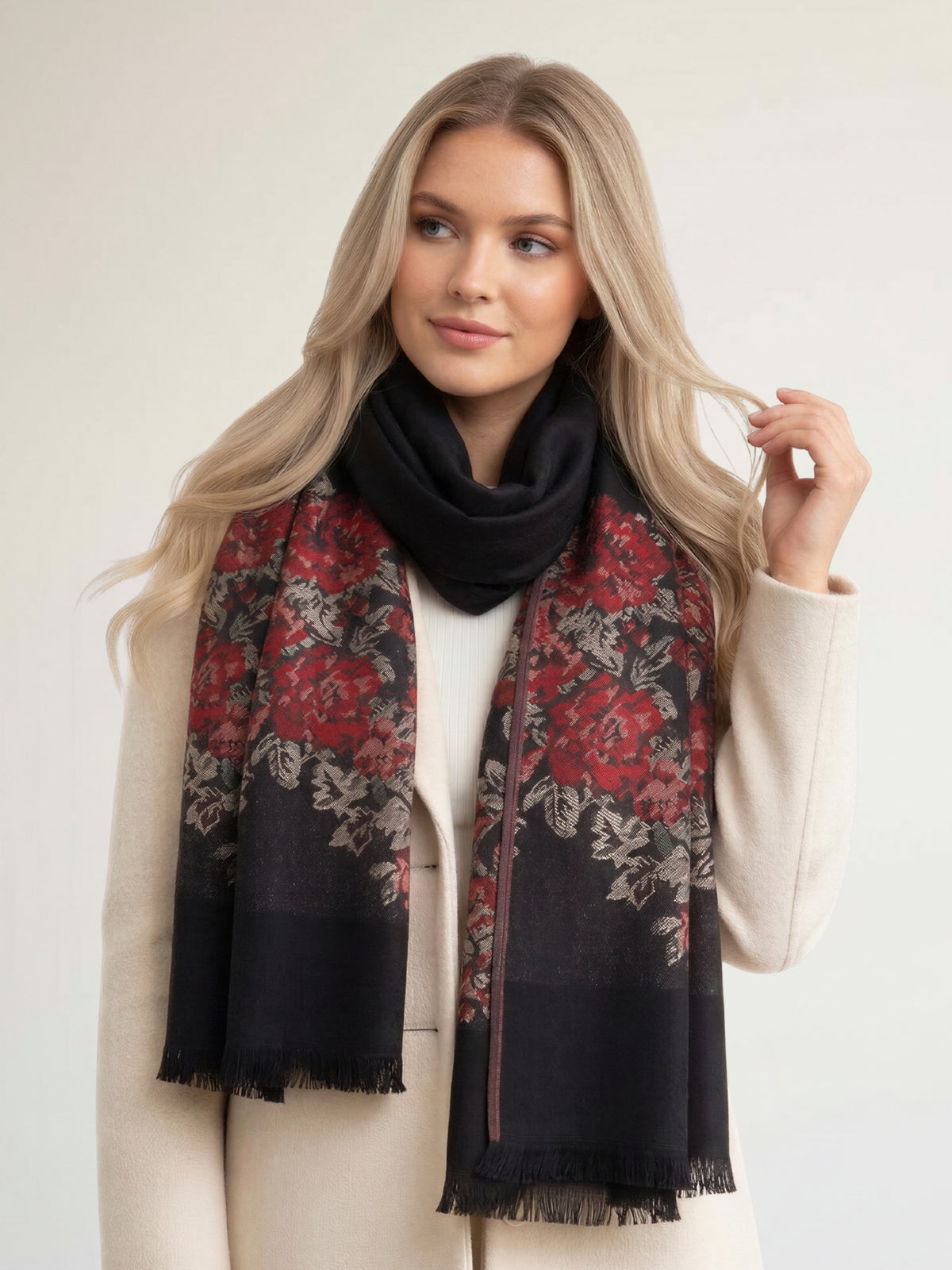 LARGE BLACK FLORAL PRINT SILKY FEEL PASHMINA SHAWL SCARF - A-SHU.CO.UK