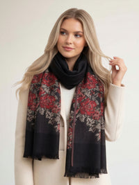 LARGE BLACK FLORAL PRINT SILKY FEEL PASHMINA SHAWL SCARF - A-SHU.CO.UK