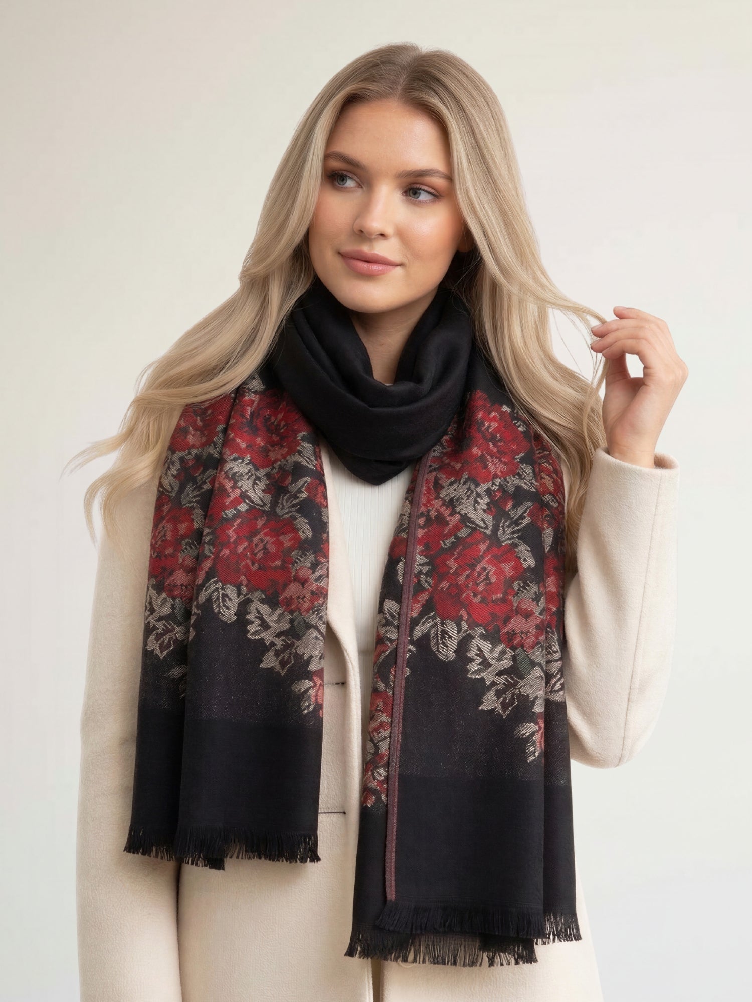 LARGE BLACK FLORAL PRINT SILKY FEEL PASHMINA SHAWL SCARF - A-SHU.CO.UK