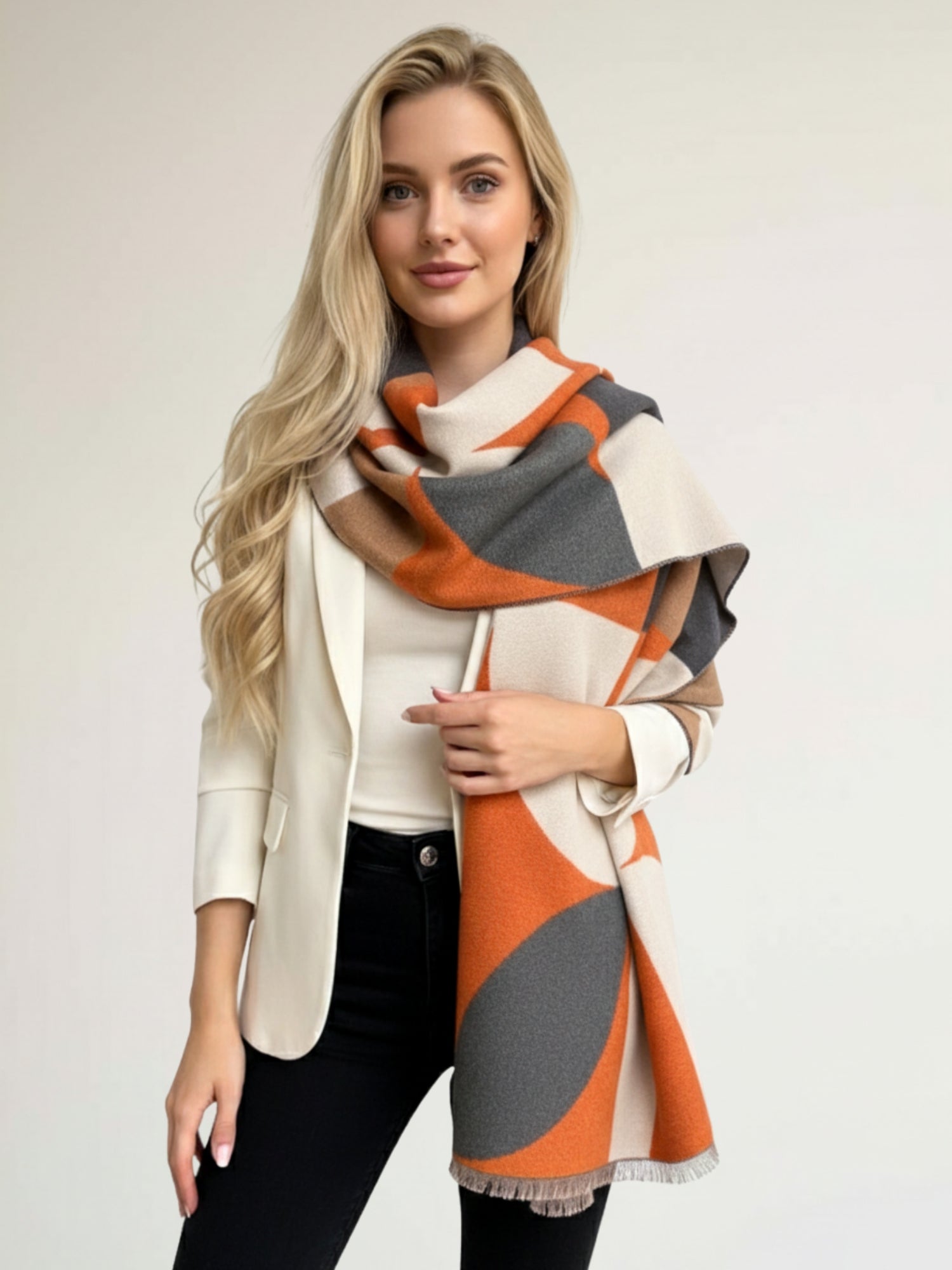 LARGE ORANGE CASHMERE RETRO PRINT REVERSIBLE WINTER SHAWL BLANKET SCARF