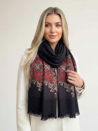 LARGE BLACK FLORAL PRINT SILKY FEEL PASHMINA SHAWL SCARF - A-SHU.CO.UK