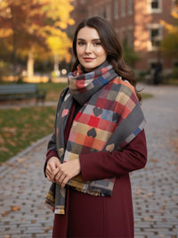 LARGE CHECKED HEART PRINT REVERSIBLE WINTER SHAWL BLANKET SCARF - GREY