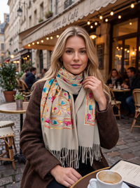 LARGE BEIGE FLOWER PRINT CASHMERE COTTON BLEND WINTER SHAWL BLANKET SCARF
