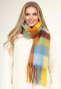YELLOW CHECKED WOOL RAINBOW BLANKET SCARF OVERSIZED WINTER SHAWL WRAP