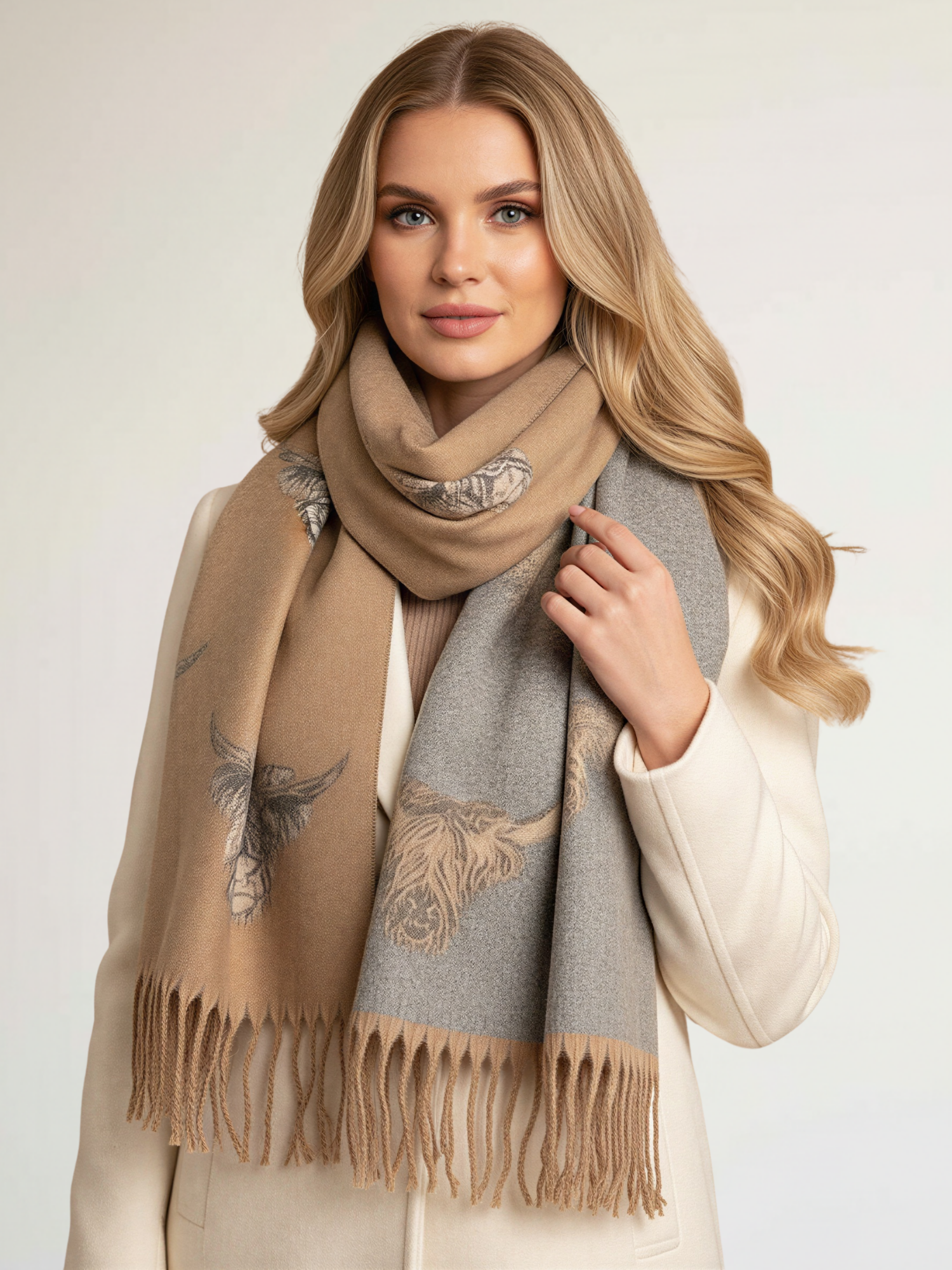 LARGE CAMEL HIGHLAND COW CASHMERE REVERSIBLE SHAWL SCARF