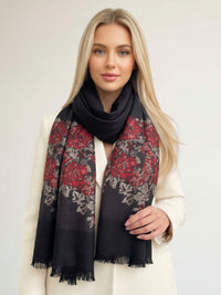 LARGE BLACK FLORAL PRINT SILKY FEEL PASHMINA SHAWL SCARF - A-SHU.CO.UK
