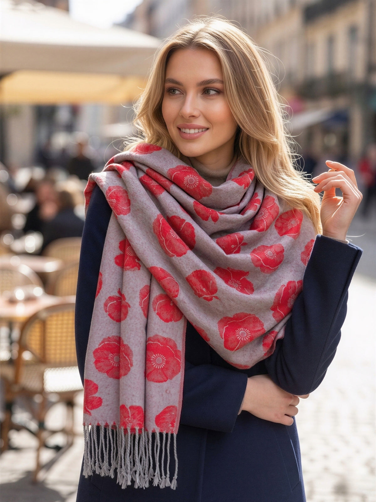 LARGE REVERSIBLE GREY AND RED POPPY PASHMINA SHAWL SCARF - A-SHU.CO.UK
