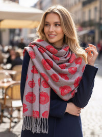 LARGE REVERSIBLE GREY AND RED POPPY PASHMINA SHAWL SCARF - A-SHU.CO.UK