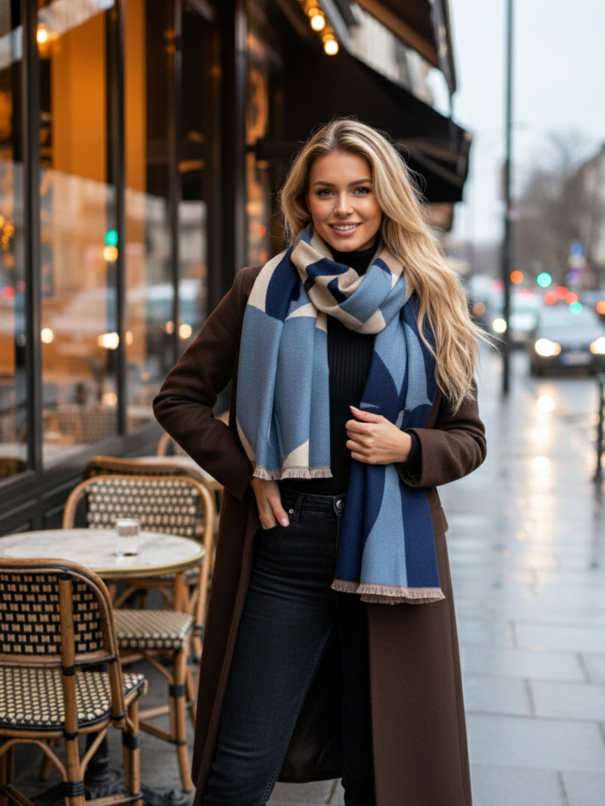 LARGE BLUE CASHMERE RETRO PRINT REVERSIBLE WINTER SHAWL BLANKET SCARF