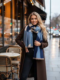LARGE BLUE CASHMERE RETRO PRINT REVERSIBLE WINTER SHAWL BLANKET SCARF