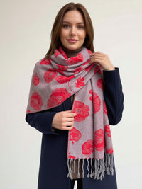 LARGE REVERSIBLE GREY AND RED POPPY PASHMINA SHAWL SCARF - A-SHU.CO.UK