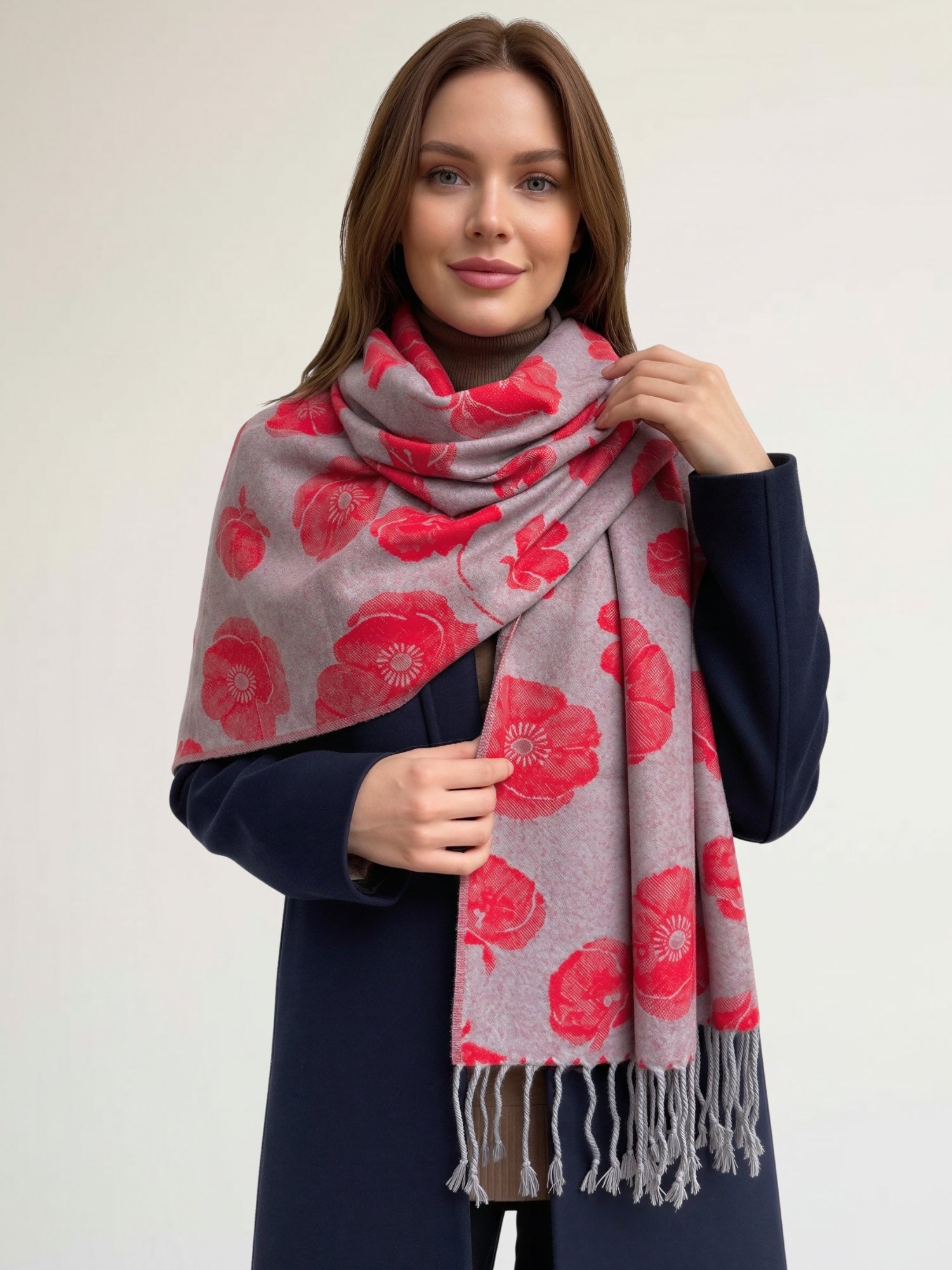 LARGE REVERSIBLE GREY AND RED POPPY PASHMINA SHAWL SCARF - A-SHU.CO.UK