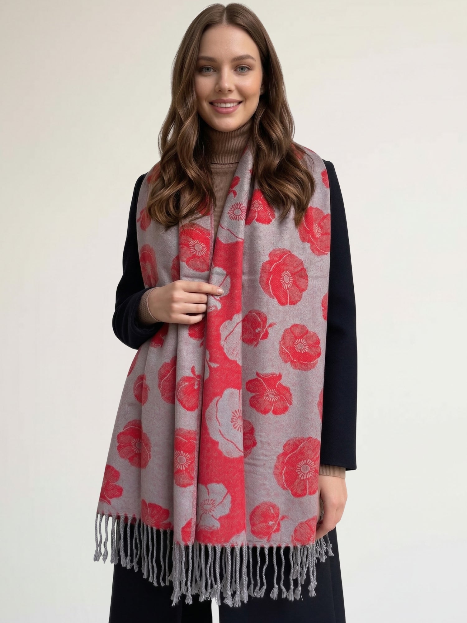 LARGE REVERSIBLE GREY AND RED POPPY PASHMINA SHAWL SCARF - A-SHU.CO.UK
