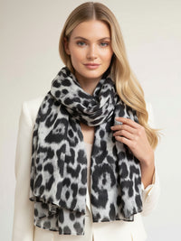 GREY COTTON BLEND CLASSIC LEOPARD PRINT SCARF