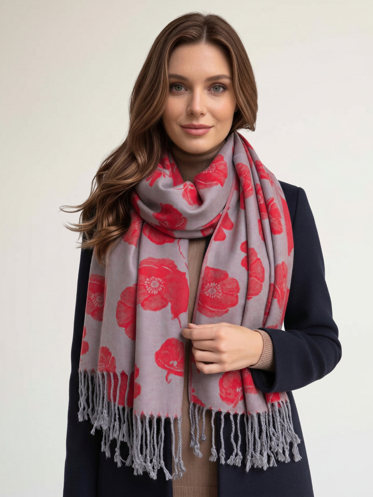 LARGE REVERSIBLE GREY AND RED POPPY PASHMINA SHAWL SCARF - A-SHU.CO.UK