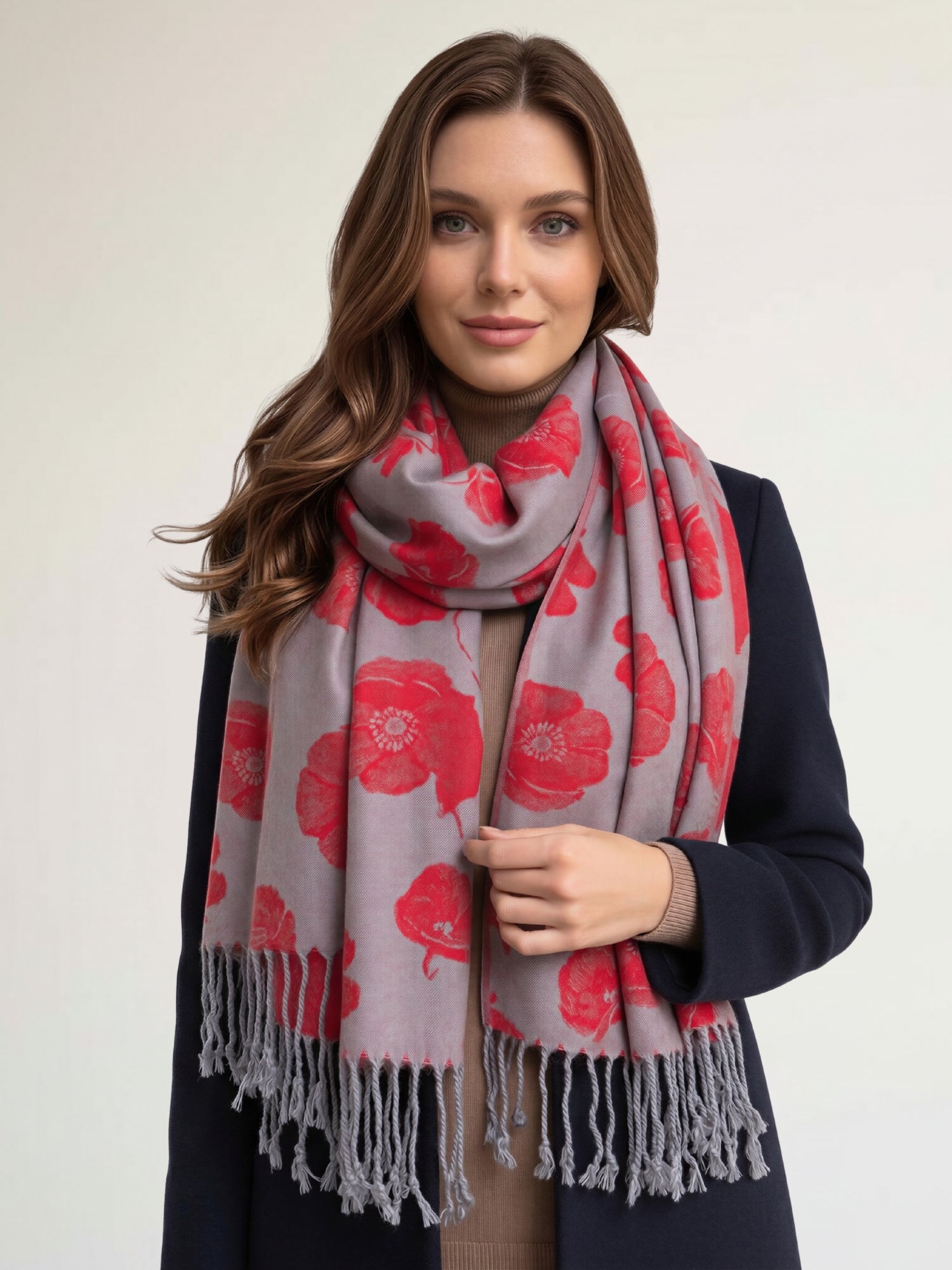 LARGE REVERSIBLE GREY AND RED POPPY PASHMINA SHAWL SCARF - A-SHU.CO.UK