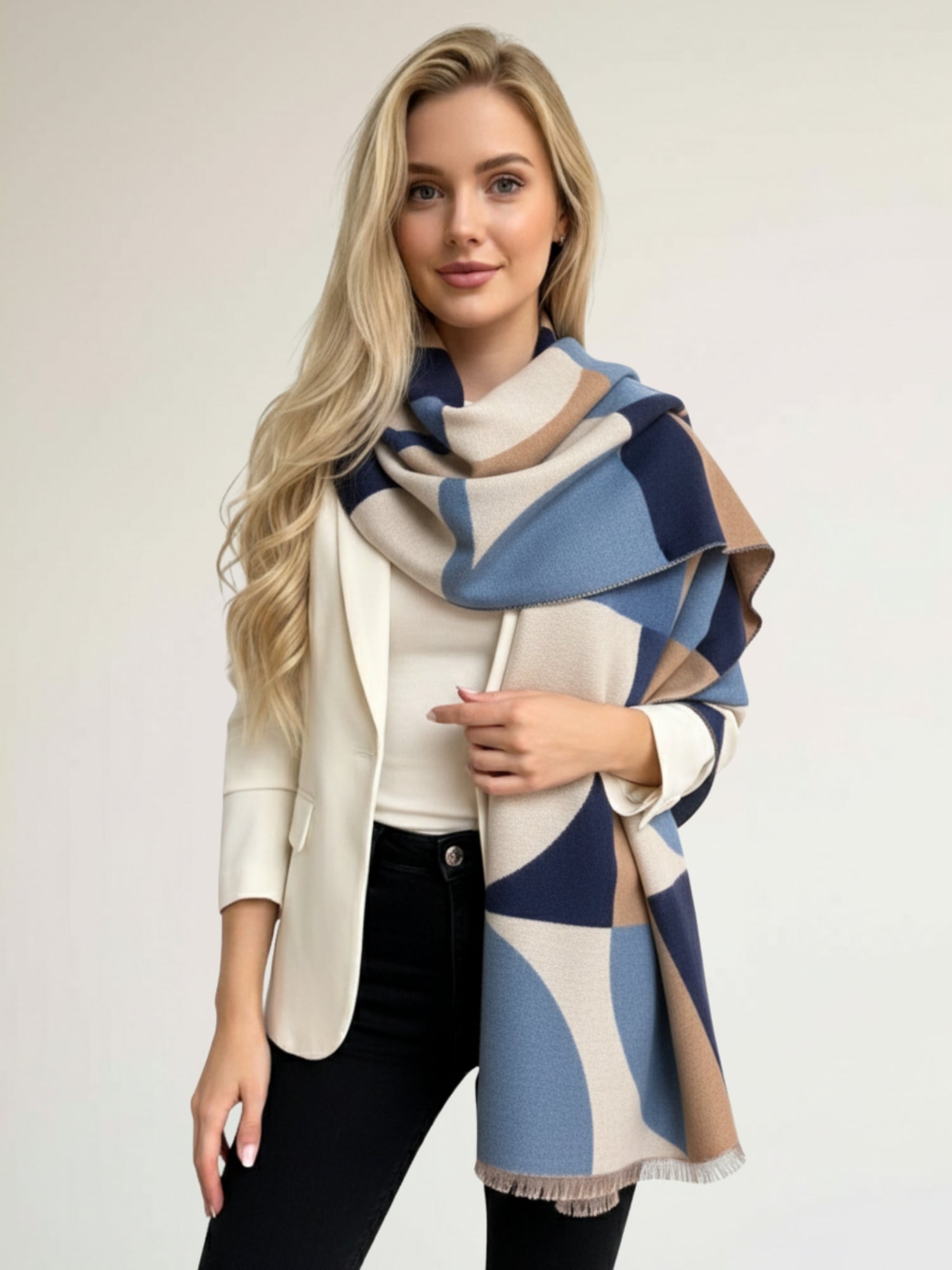 LARGE BLUE CASHMERE RETRO PRINT REVERSIBLE WINTER SHAWL BLANKET SCARF