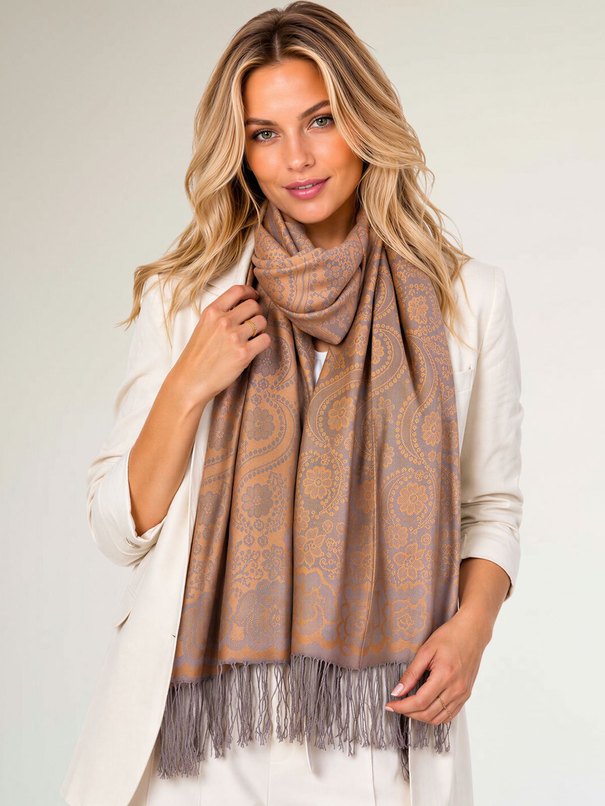 LARGE BRONZE GOLD SWIRL FLORAL PRINT REVERSIBLE PASHMINA SHAWL SCARF - A-SHU.CO.UK