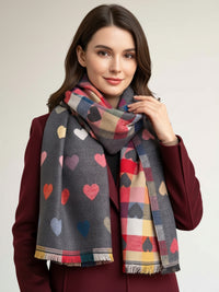 LARGE CHECKED HEART PRINT REVERSIBLE WINTER SHAWL BLANKET SCARF - GREY