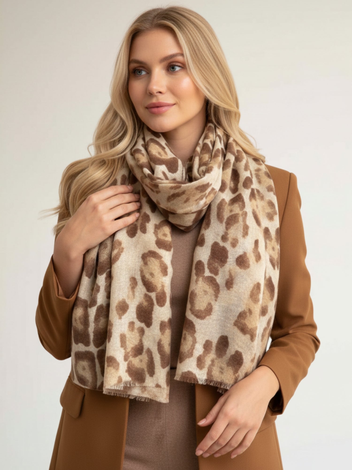 LARGE BEIGE OMBRE COTTON MIX LEOPARD PRINT SCARF