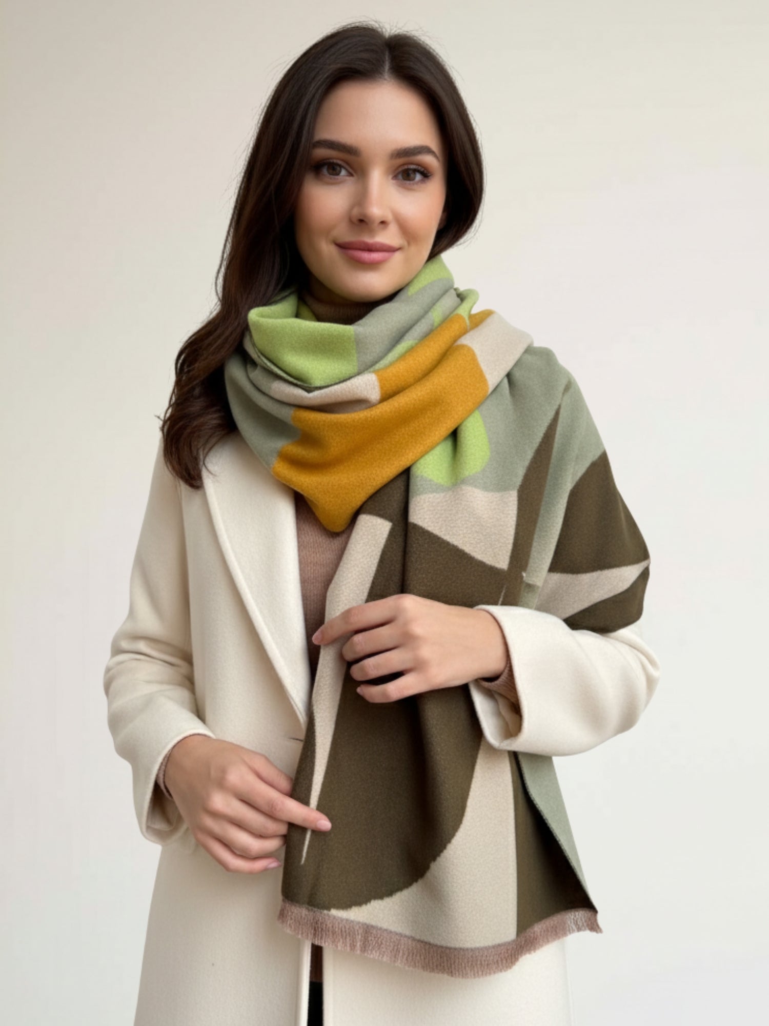 LARGE GREEN CASHMERE RETRO PRINT REVERSIBLE WINTER SHAWL BLANKET SCARF