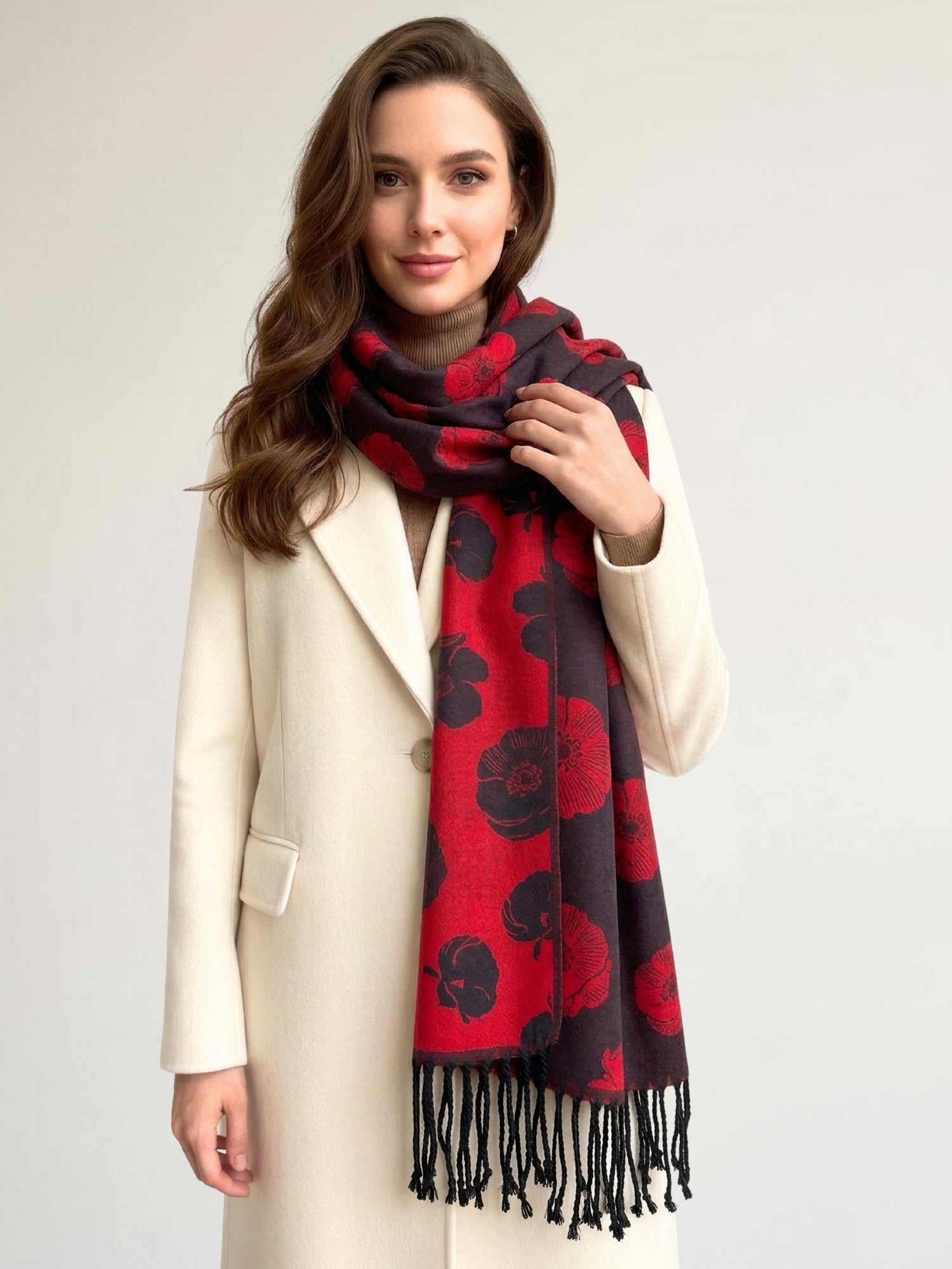 LARGE REVERSIBLE BLACK AND RED POPPY PASHMINA SHAWL SCARF - A-SHU.CO.UK