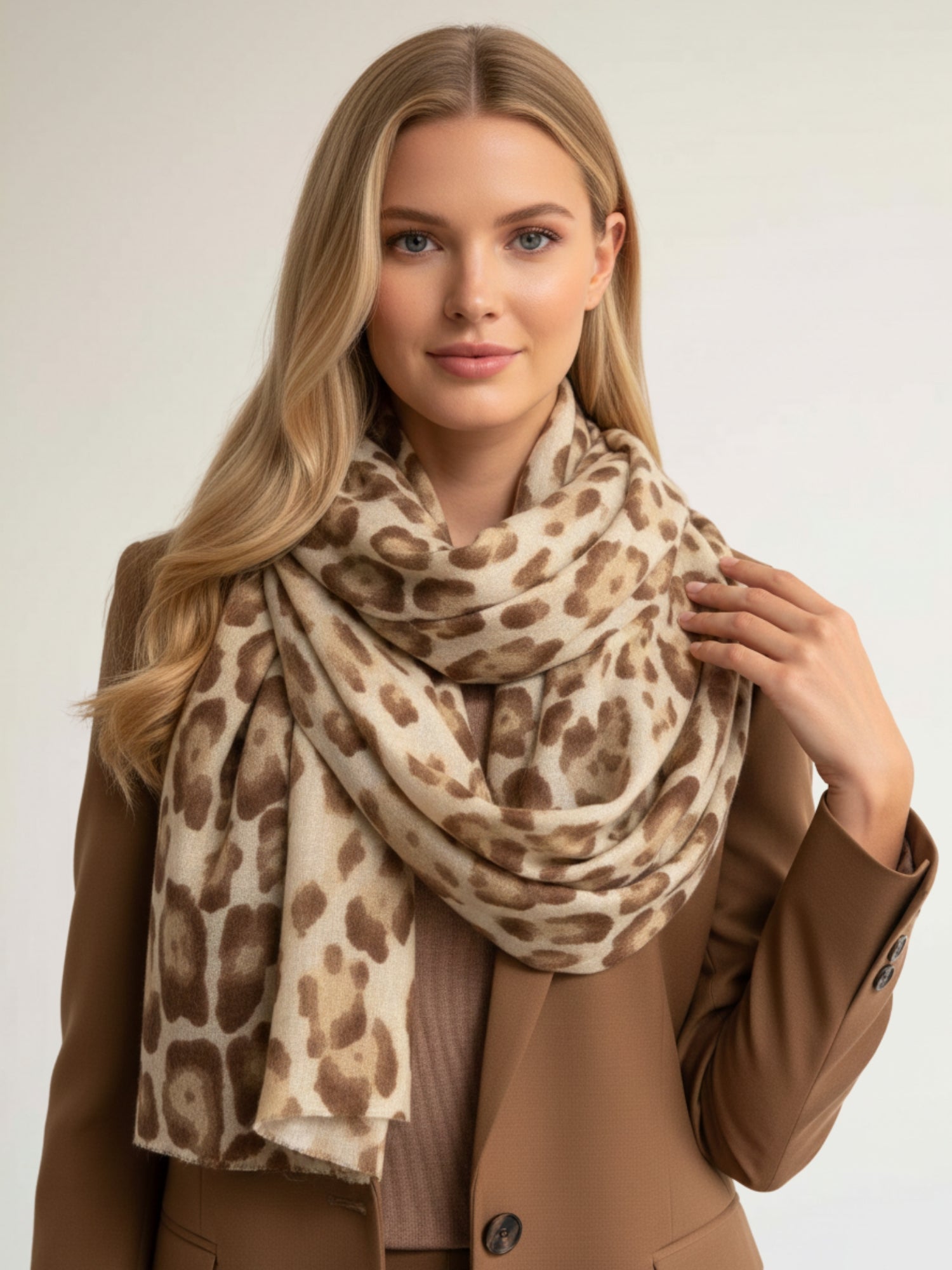 LARGE BEIGE OMBRE COTTON MIX LEOPARD PRINT SCARF