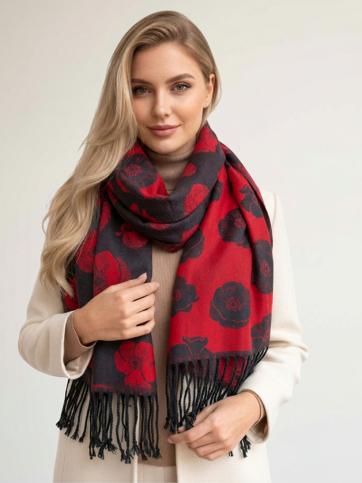 LARGE REVERSIBLE BLACK AND RED POPPY PASHMINA SHAWL SCARF - A-SHU.CO.UK