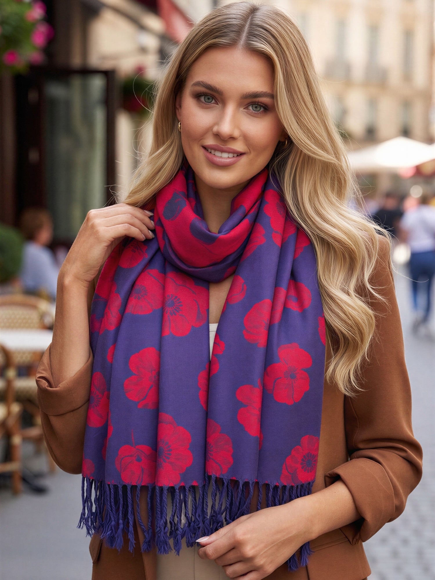 LARGE REVERSIBLE NAVY AND RED POPPY PASHMINA SHAWL SCARF - A-SHU.CO.UK