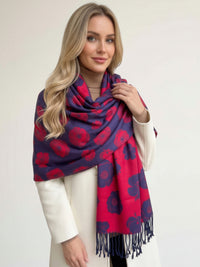 LARGE REVERSIBLE NAVY AND RED POPPY PASHMINA SHAWL SCARF - A-SHU.CO.UK