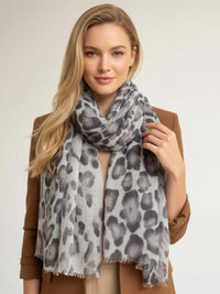 LARGE GREY OMBRE COTTON MIX LEOPARD PRINT SCARF
