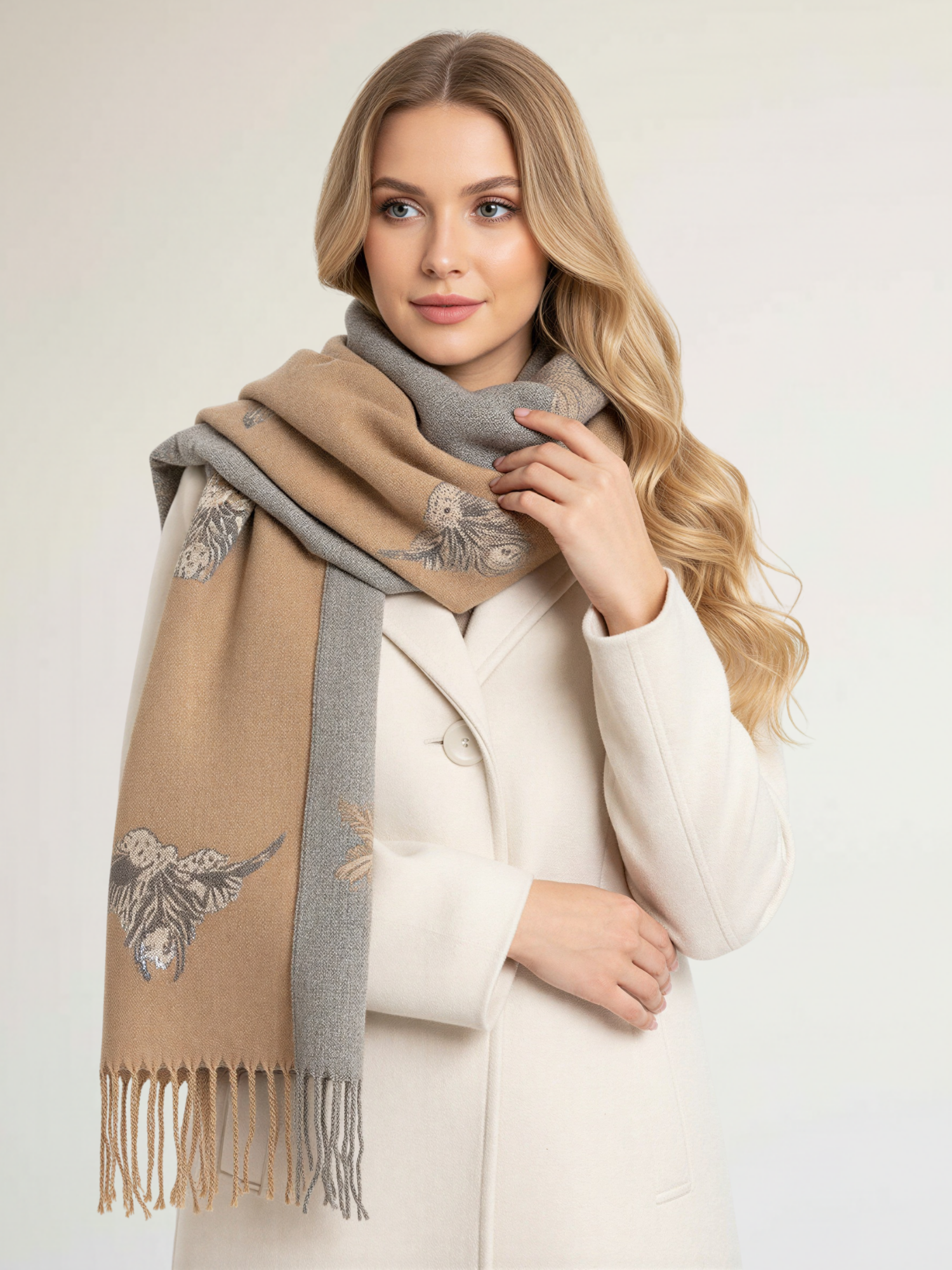 LARGE CAMEL HIGHLAND COW CASHMERE REVERSIBLE SHAWL SCARF