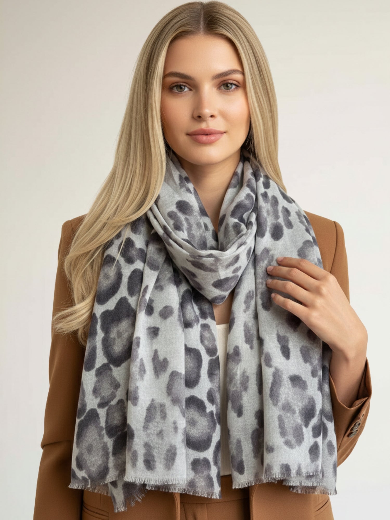 LARGE GREY OMBRE COTTON MIX LEOPARD PRINT SCARF