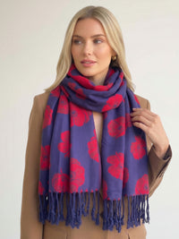 LARGE REVERSIBLE NAVY AND RED POPPY PASHMINA SHAWL SCARF - A-SHU.CO.UK