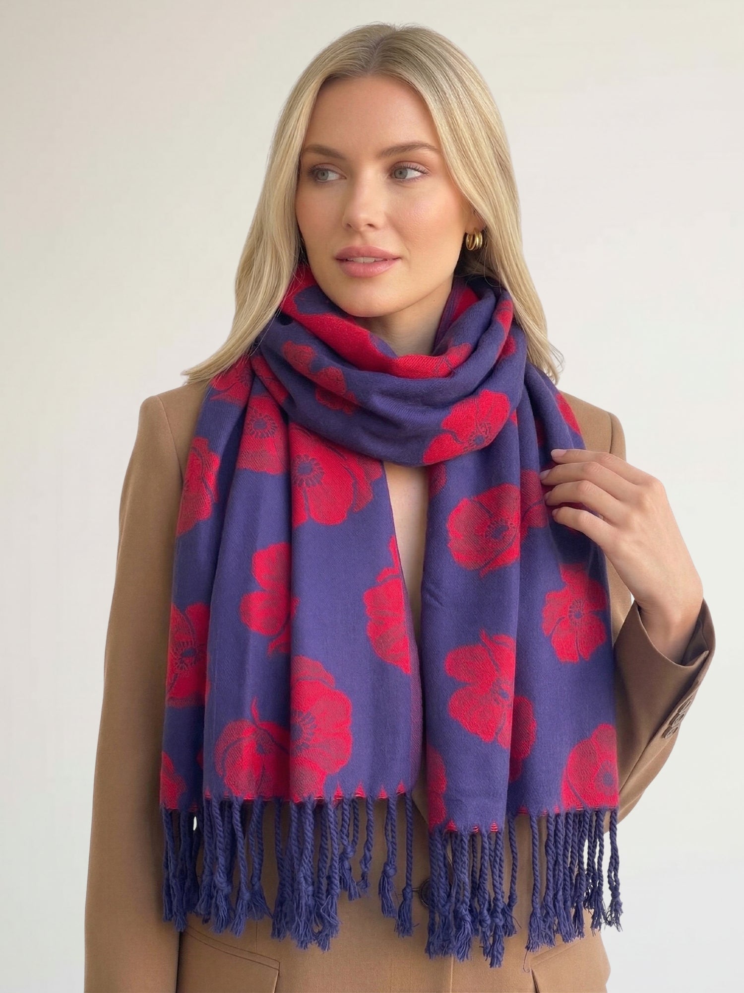 LARGE REVERSIBLE NAVY AND RED POPPY PASHMINA SHAWL SCARF - A-SHU.CO.UK