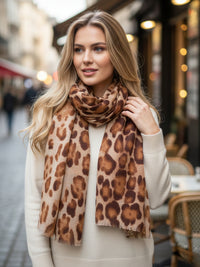 LARGE BROWN OMBRE COTTON MIX LEOPARD PRINT SCARF