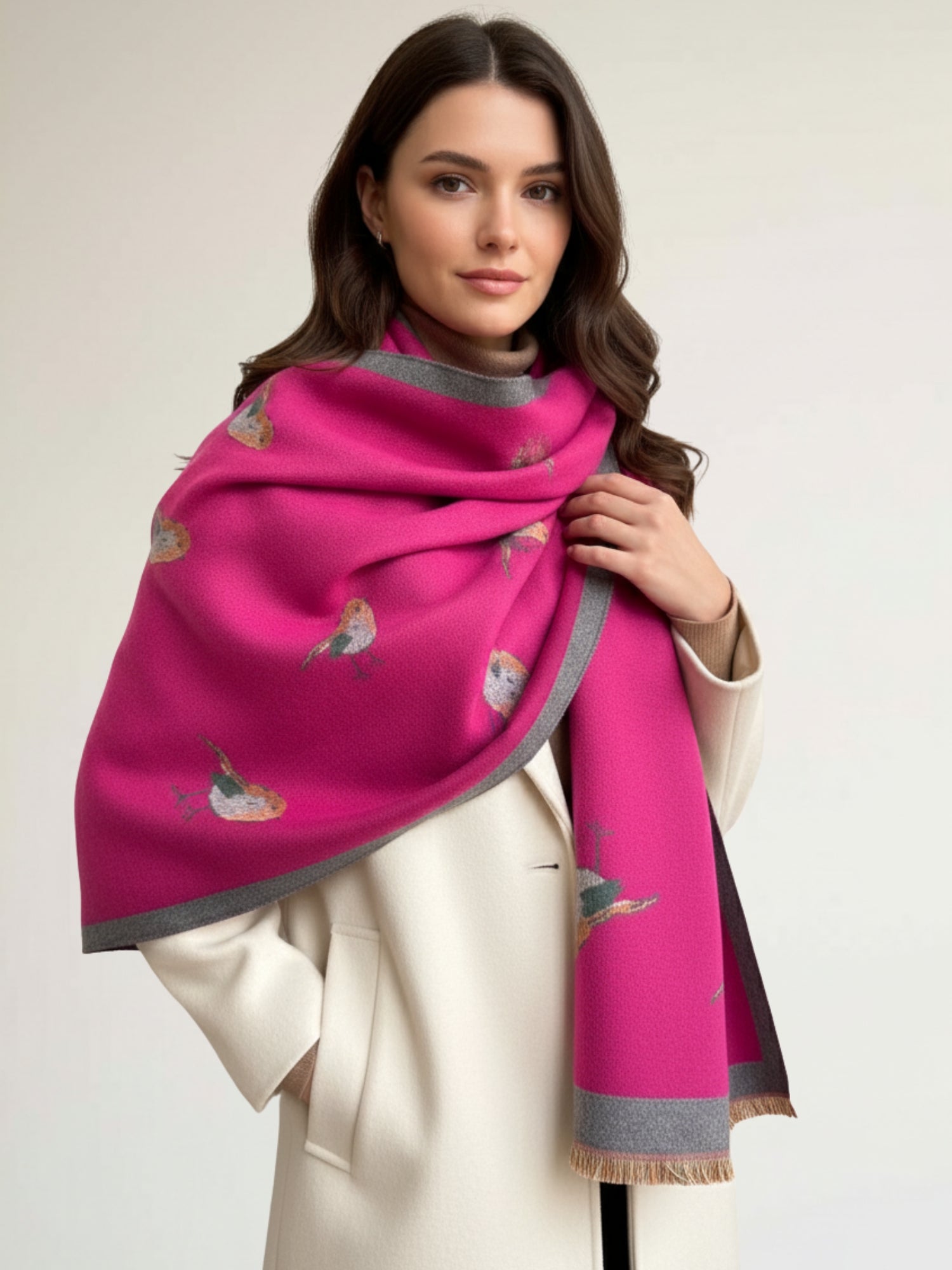 LARGE FUCHSIA PINK ROBIN REVERSIBLE WINTER SHAWL BLANKET SCARF