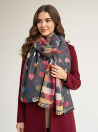 LARGE CHECKED HEART PRINT REVERSIBLE WINTER SHAWL BLANKET SCARF - GREY