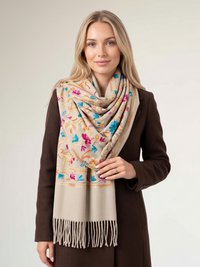 LARGE BEIGE FLOWER PRINT CASHMERE COTTON BLEND WINTER SHAWL BLANKET SCARF