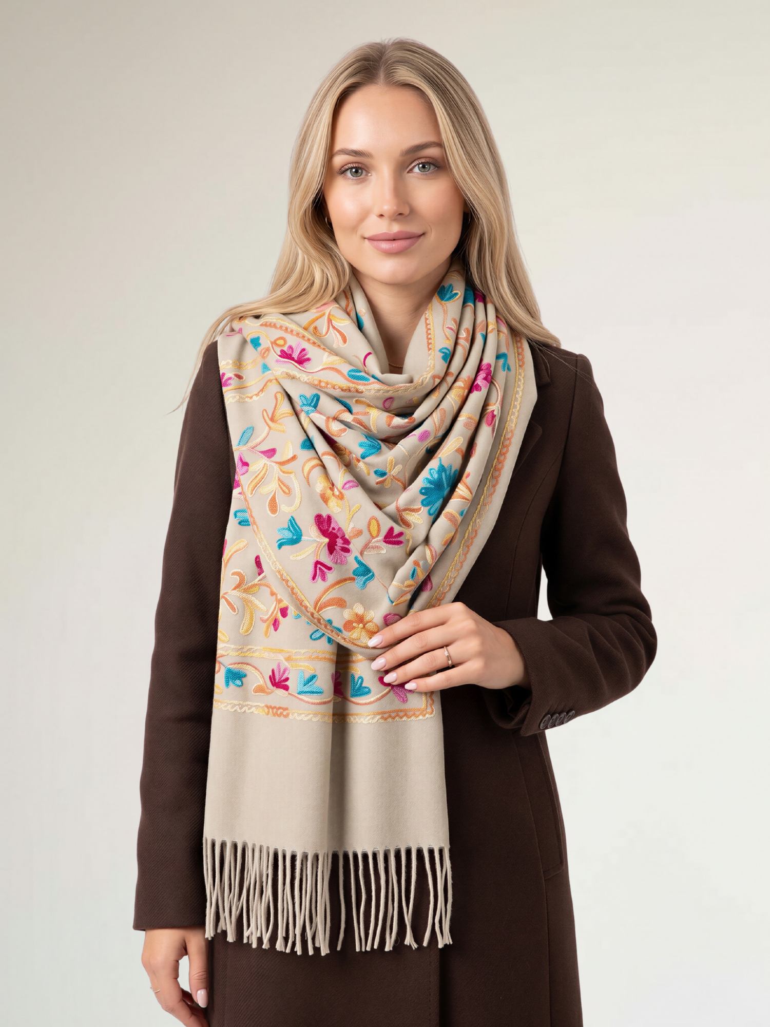 LARGE BEIGE FLOWER PRINT CASHMERE COTTON BLEND WINTER SHAWL BLANKET SCARF