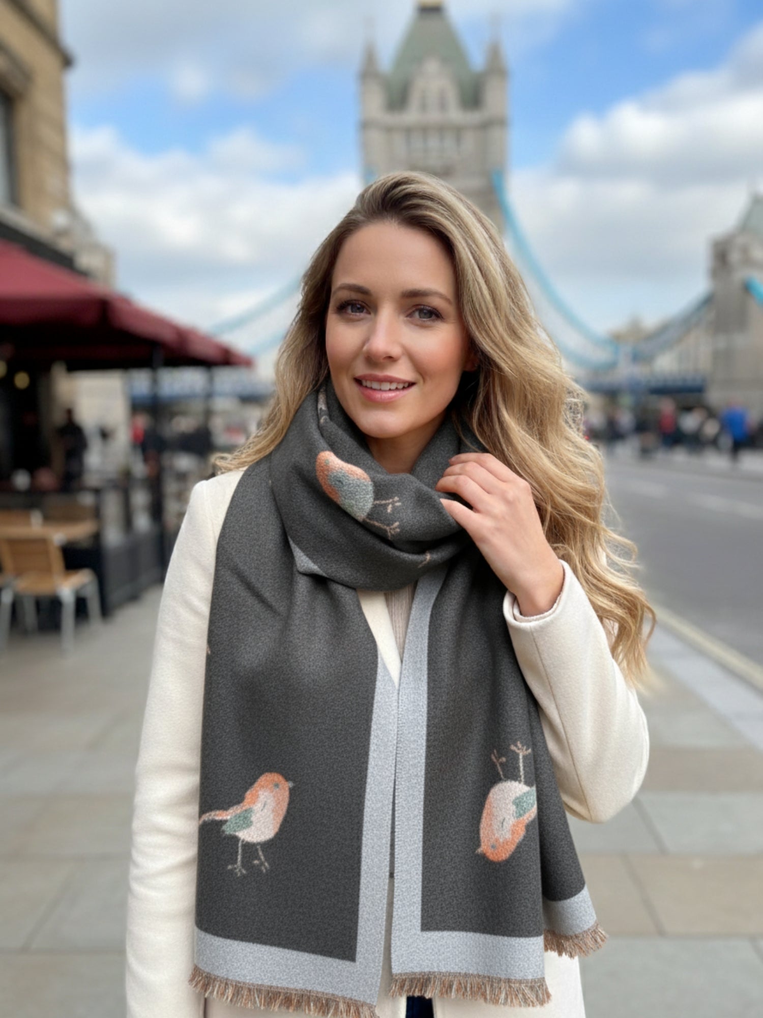 LARGE GREY ROBIN REVERSIBLE WINTER SHAWL BLANKET SCARF