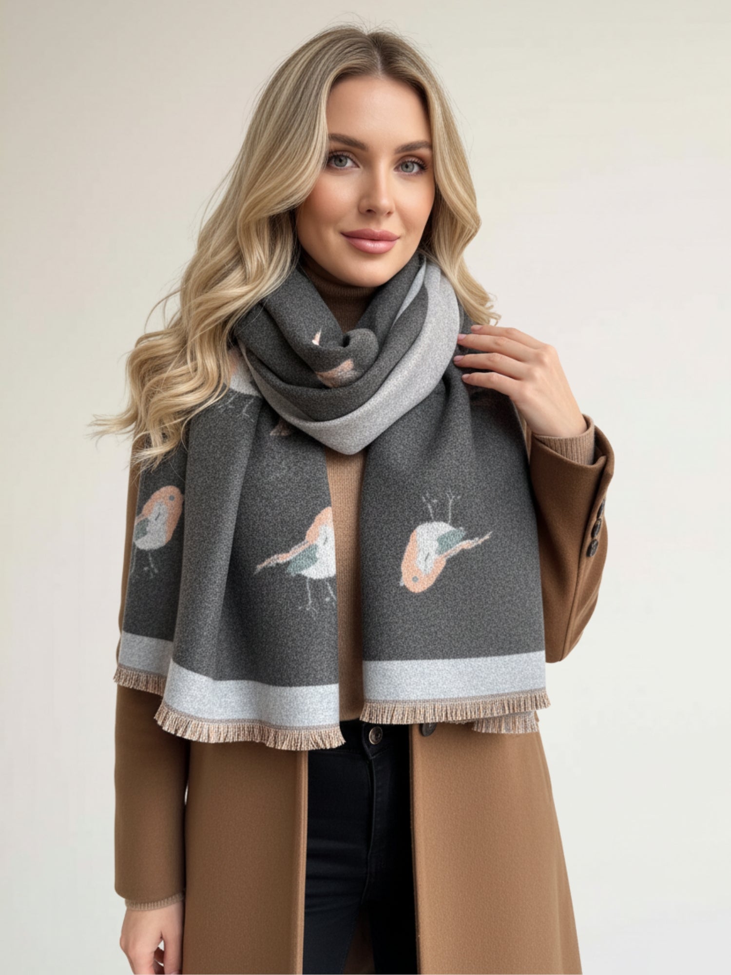 LARGE GREY ROBIN REVERSIBLE WINTER SHAWL BLANKET SCARF