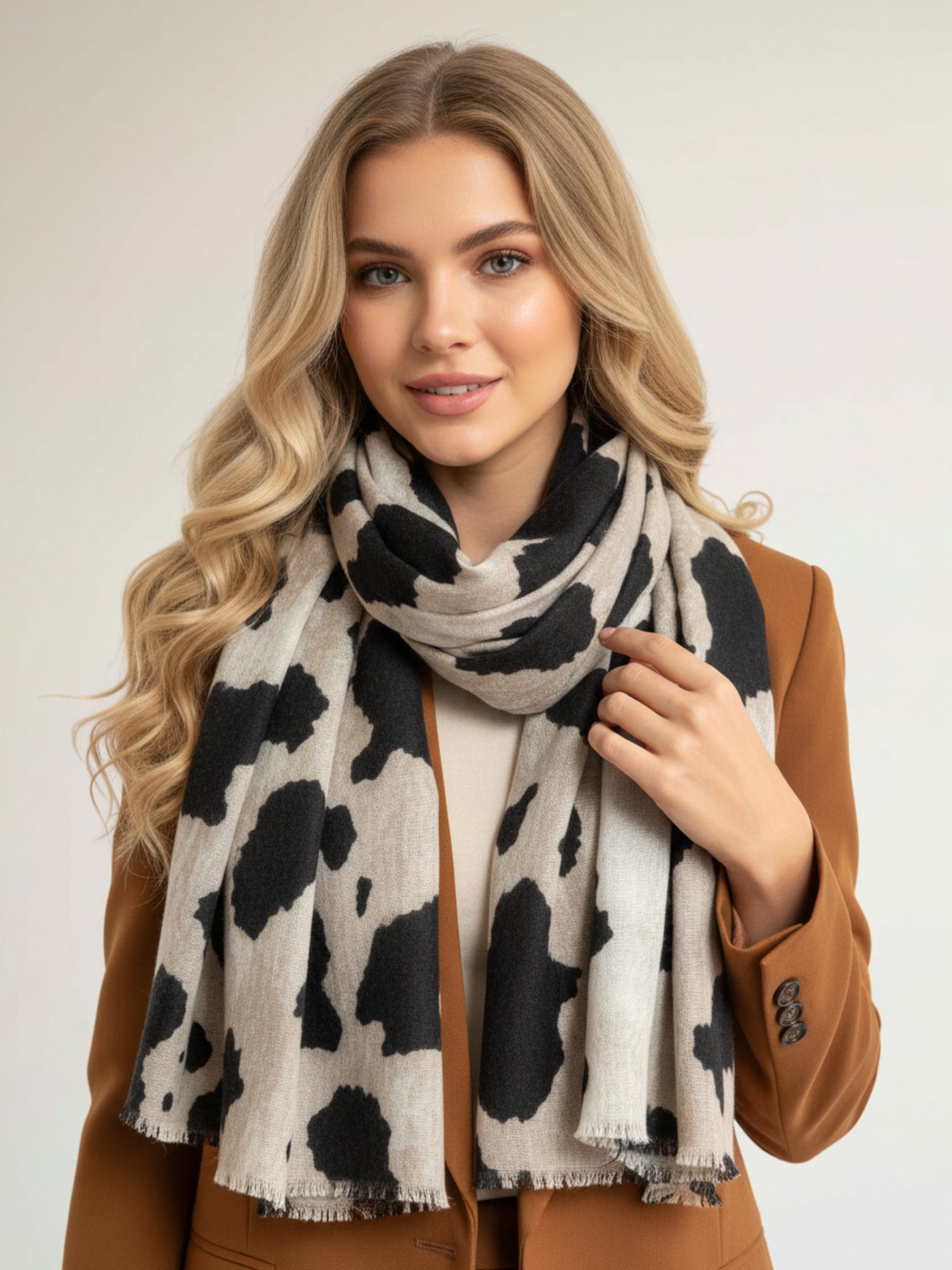 LARGE BEIGE WOOL BIG LEOPARD PRINT SCARF