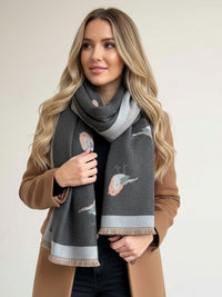 LARGE GREY ROBIN REVERSIBLE WINTER SHAWL BLANKET SCARF