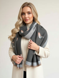 LARGE GREY ROBIN REVERSIBLE WINTER SHAWL BLANKET SCARF