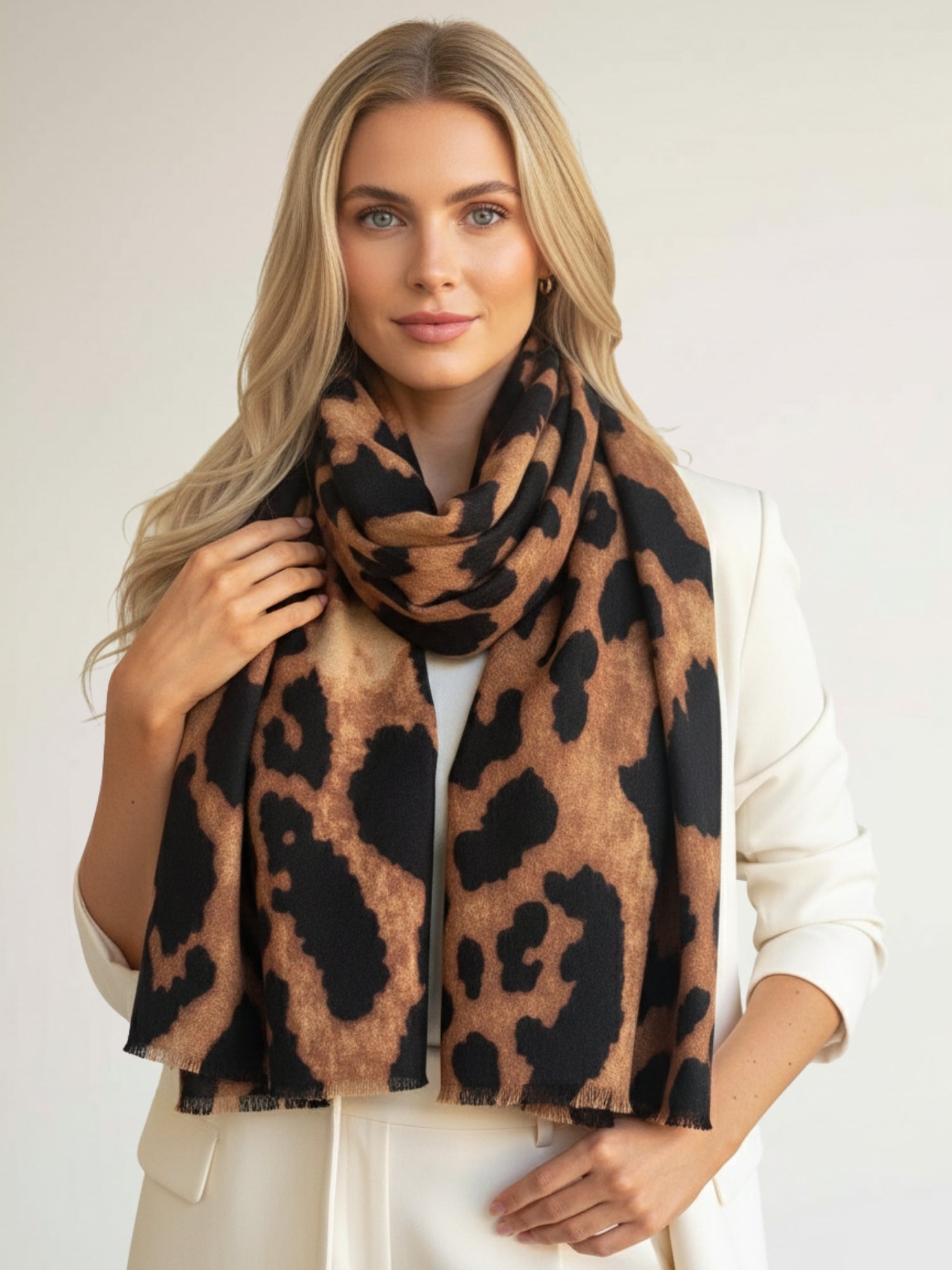LARGE BROWN WOOL BIG LEOPARD PRINT SCARF