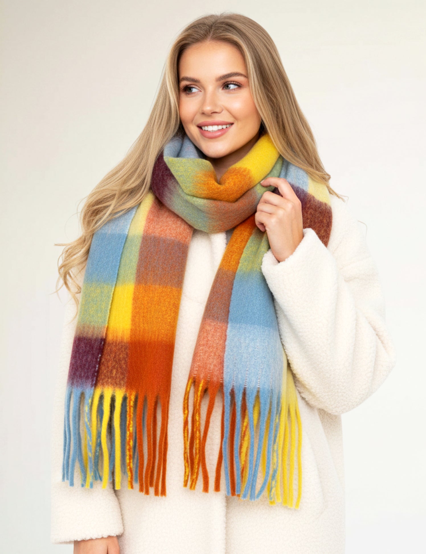 YELLOW CHECKED WOOL RAINBOW BLANKET SCARF OVERSIZED WINTER SHAWL WRAP